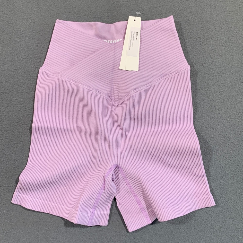 Brand New‎ Ribbed V Crossover Waist High Rise Biker Shorts Lavender Purple XS S